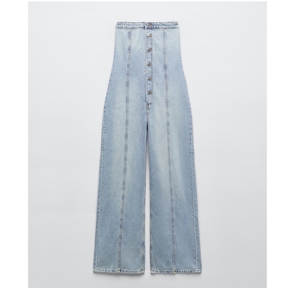 Zara TRF strapless denim jumpsuit button down XS